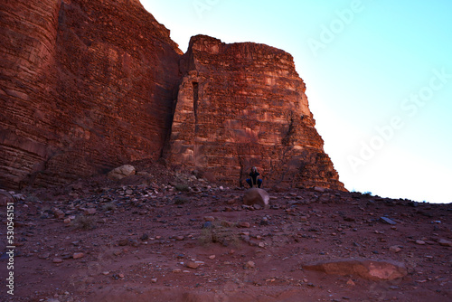 Amazing desert landscape. Beautiful landscape of desert mountains. Monolithic mountains in the central part of the desert. Wadi Rum, Jordan.