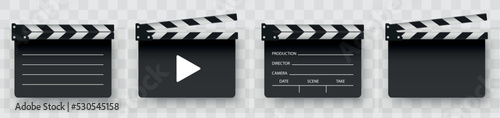 Clapper board set. Realistic black movie clappers board set. Clapboards open and closed. Director clapboard. Realistic vector illustration. Film. Cinematic device. Movie clapper design template