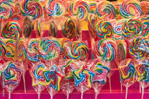 Colourful lollipops on display at Christmas market in Hyde Park Winter Wonderland in London