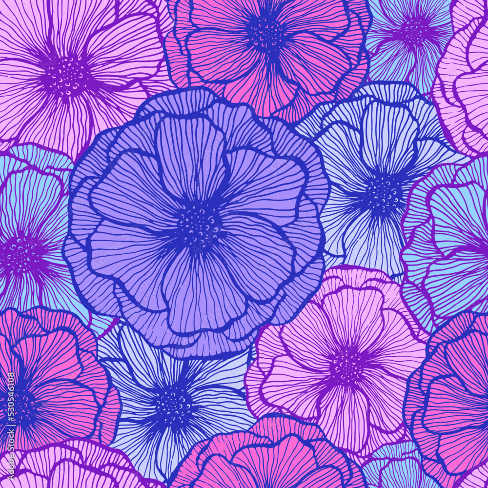Naklejka premium Poppy flower doodle floral vector seamless pattern summer fabric print design. Line texture petals