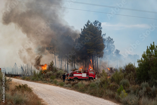 Bombeiros florestais a combater um incêndio florestal junto à sua viatura em Portugal photo