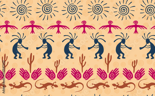 Kokopelli with flute, pangolin, hawk, sun symbol, hands and plant tribal vector seamless pattern.