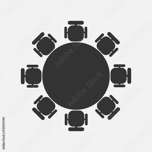 Round table for talks graphic icon. Table and chairs around him sign isolated on white background. Vector illustration
