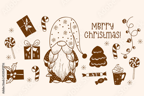 Doodles set with cute scandinavian gnome with Christmas tree, garland, gifts, gingerbread, lollipop, candy, dessert and caramel stick. Vector isolated hand drawings for holiday decor and design
