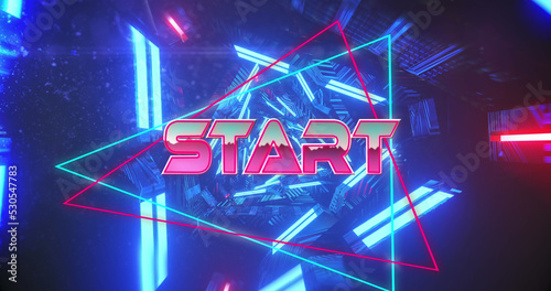 Image of start text banner over neon blue tunnel in seamless pattern against black background