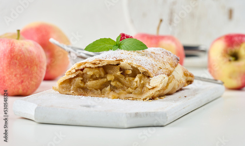 Baked strudel with apples sprinkled with powdered sugar on a white wooden board