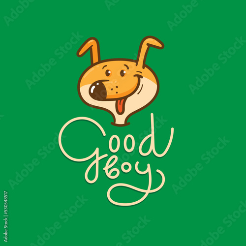 Card with cute cartoon dog. Funny puppy and crown. Good boy. Vector print with joyful animal.