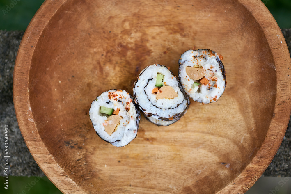 Sushi, a Japanese dish of prepared vinegared rice. Sushi is