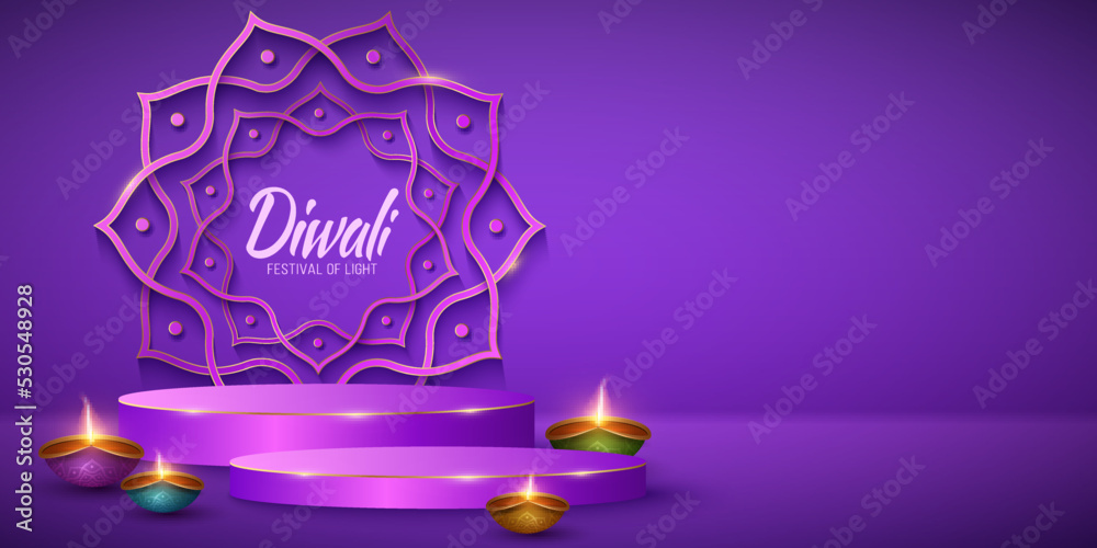 Naklejka premium Festive 3d scene with traditional Diya lamps for Diwali festival of light. Podium for display your brands. Paper cut style Indian mandala on the background. Vector illustration for holiday