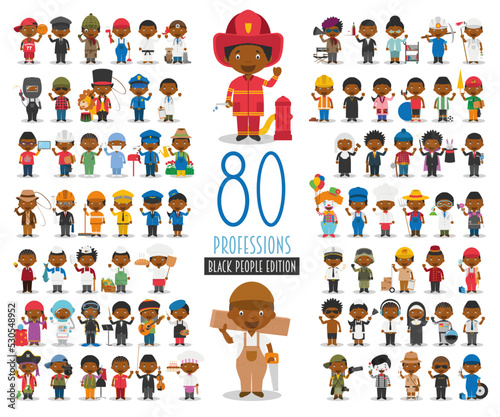Kids Vector Characters Collection: Set of 80 different professions in cartoon style. Black or African American characters. photo