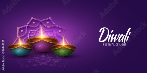 Diya lamps with traditional mandala ornament burning for Diwali holiday of lights. Trendy greeting card in Indian style. Stylish festive cover for website. 3D vector illustration