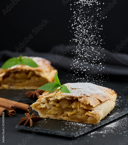 Baked strudel with apples sprinkled with powdered sugar on a black board photo