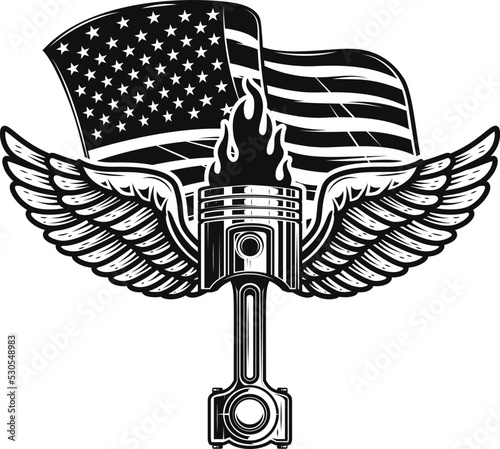 Illustration of winged piston on american flag background. Design element for poster, card, banner, sign, emblem. Vector illustration