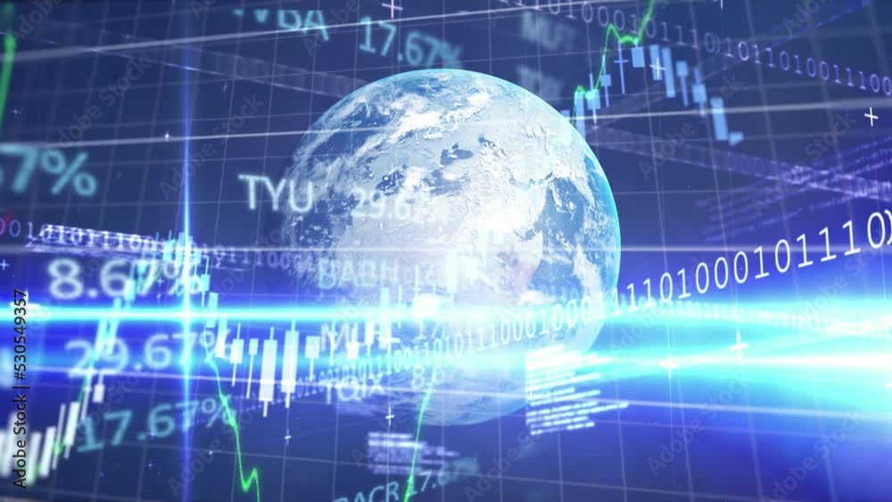 Animation of globe over data processing and grid on blue background Animation of globe over data processing and grid on blue background