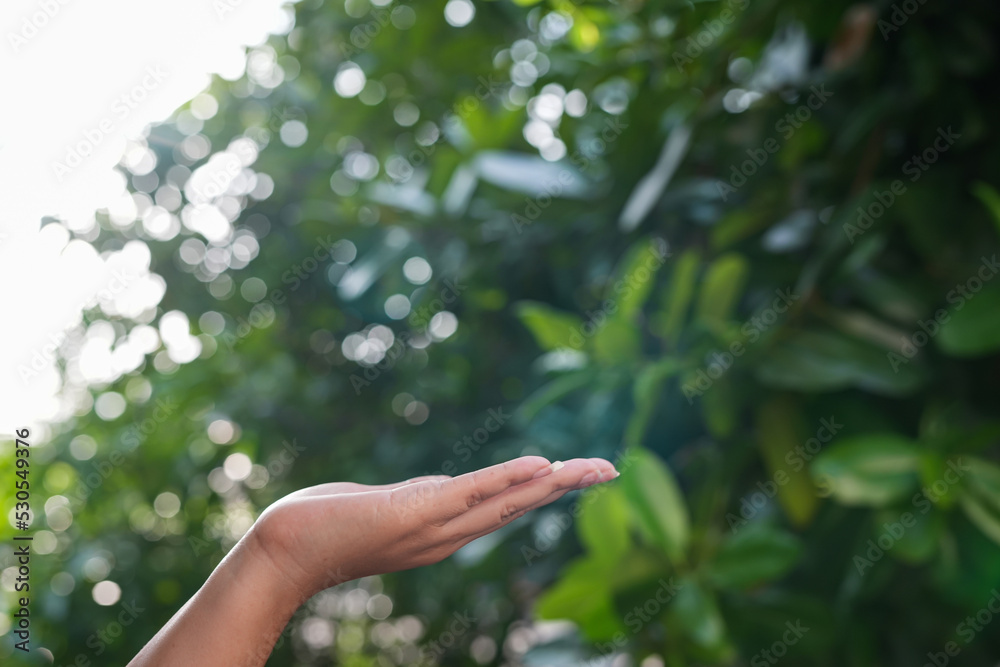 Technology, hand holding with environment Icons over the Network connection on green background.