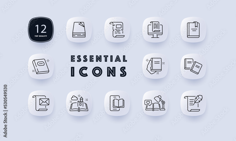 Fiction set icon. Book, writer, scroll, letter, e book, computer, story, fairy tale, literature, inspiration, lamp, read, hobby, occupation. Reading concept. Neomorphism. Vector line icon for Business Fiction set icon. Book, writer, scroll, letter, e book, computer, story, fairy tale, literature, inspiration, lamp, read, hobby, occupation. Reading concept. Neomorphism. Vector line icon for Business