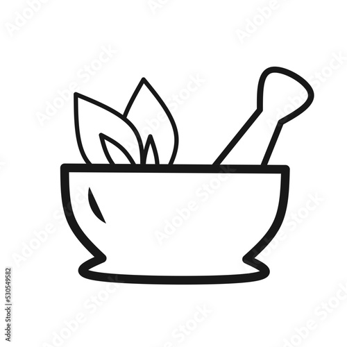 herbal medicine icon. vector icon of mortar and pestle with herbs