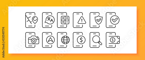 Phone features set icon. Pointer, map, calculator, navigation, caution sign, approved, camera, internet banking, search, dollar, nfs, contactless payment. Vector line icon for Business and Advertising