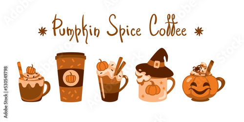 Pumpkin Spice coffee. Different types coffee on cute cups.  Autumn mood. Set of illustrations.