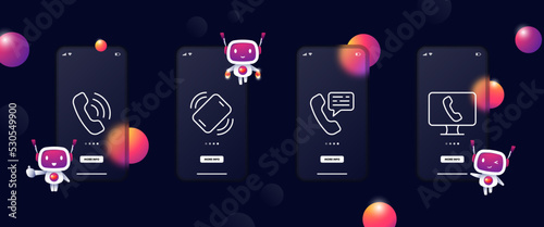Contact us set icon. Phone, handset, calls all over the planet, communication, geolocation, monitor, sms, fax. Phone concept. Ui phone app screen. Glassmorphism. Vector line icon for Business
