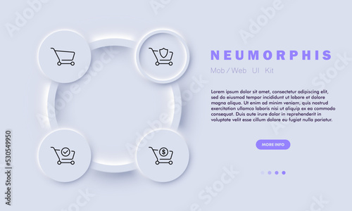 Shopping cart set icon. Safe delivery, verified site, checkmark, item added to cart, order, contactless payment, dollar money, online store. Neomorphism style. Vector line icon for Business