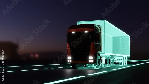 Simplified frame of a modern truck with a trailer on the road.