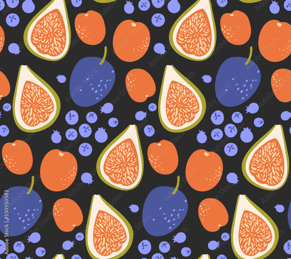 Figs, berries and plum pattern. Fresh fruits harvest seamless texture. Farm market background. Figs, berries and plum pattern. Fresh fruits harvest seamless texture. Farm market background.