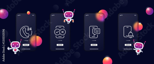 Contact us set icon. Phone, handset, calls, check mark, communication, alarm, correspondence, sms, fax. Phone concept. Ui phone app screen with robot. Glassmorphism. Vector line icon for Business