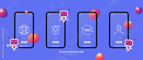 Metaverse set icon. Application Development, planet with vr text, arrow, 3d, Augmented reality, 360 degree view. Virtual reality. Ui phone app screen with robot. Glassmorphism. Vector line icon