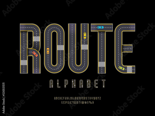 Road style alphabet design with uppercase, numbers, symbols and vehicles