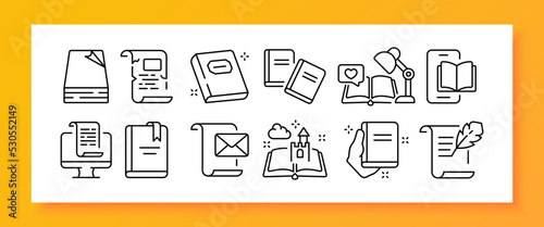Fiction set icon. Book, writer, scroll, letter, e book, education, learning, computer, story, fairy tale, literature, inspiration, lamp, occupation. Reading concept. Vector line icon for Business