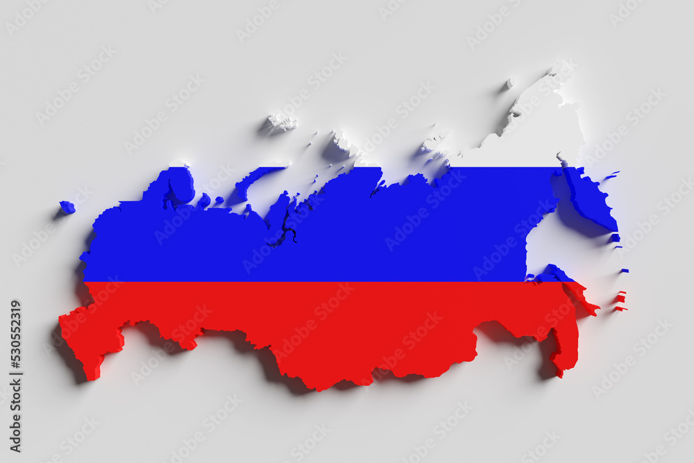 Obraz premium Extruded map of country outline of Russia with shadow on white background. Illustration of Russian geographical boundary