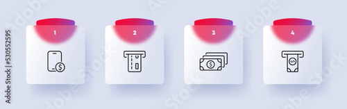 Payment set icon. Credit card, debit, terminal, check, atm, receipt, power of attorney, contract, notary, bureaucracy. Money concept. Glassmorphism style. Vector line icon for Business and Advertising
