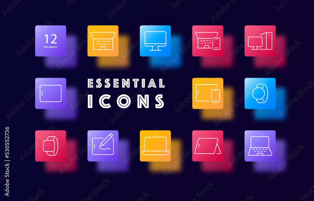 Electrical appliances set icon. Monitor, computer, laptop, watch, wrist smart watch, phone, smartphone, tablet, design. Technology concept. Glassmorphism style. Vector line icon for Business Electrical appliances set icon. Monitor, computer, laptop, watch, wrist smart watch, phone, smartphone, tablet, design. Technology concept. Glassmorphism style. Vector line icon for Business