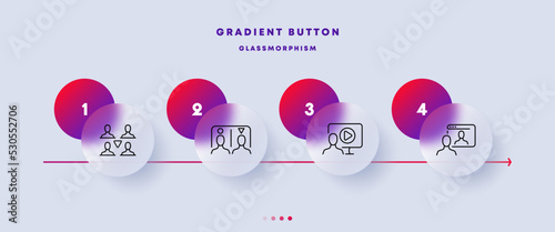 Employees set icon. Workflow, worldwide, delegate, planet, online, subordinates, hierarchy, media, feedback, website. Business concept. Glassmorphism. UI phone app screens. Vector line icon