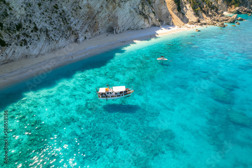 Aerial photo of the paradise beach of Afales in Ithaca, the beautiful  Ionian island of Greece. © valantis minogiannis