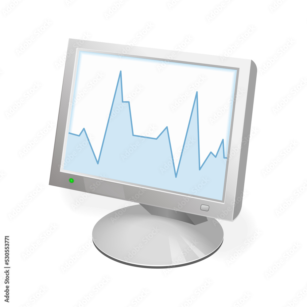 Volumetric monitor icon for personal computer or system unit with chart Volumetric monitor icon for personal computer or system unit with chart