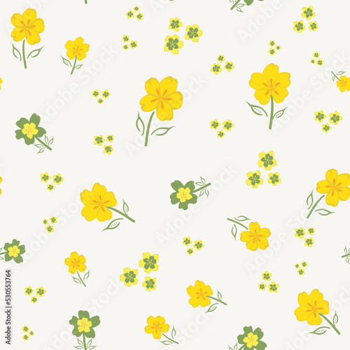 Buttercup vector seamless pattern background. Hand-drawn yellow green white floral repeat backdrop. Perennial herbaceous garden flower scattered design. Symbol for growth, love, health, youthfulness photo