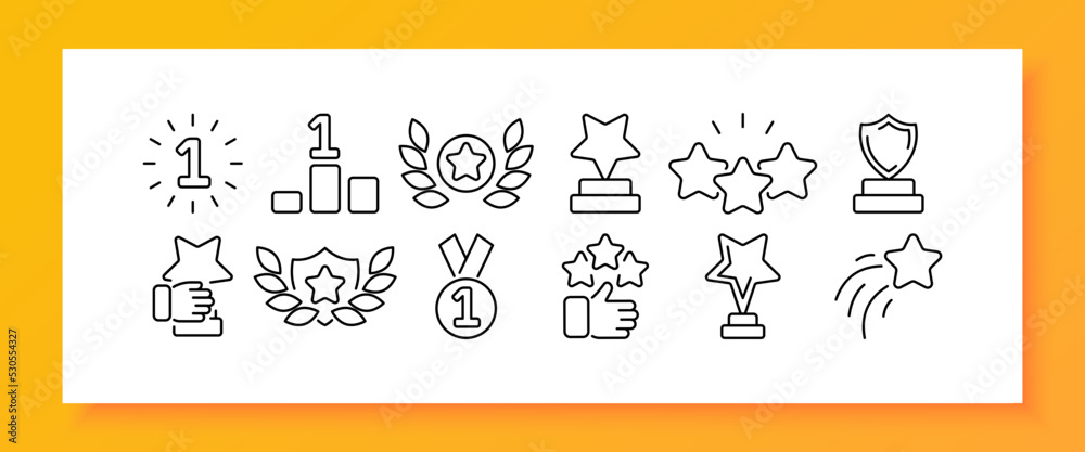 Stars set icon. Review, feedback, rating, flicker star, shimmer, medal, gong, shine, reward, shooting star, tail, first place, pedestal. Dream concept. Vector line icon for Business and Advertising