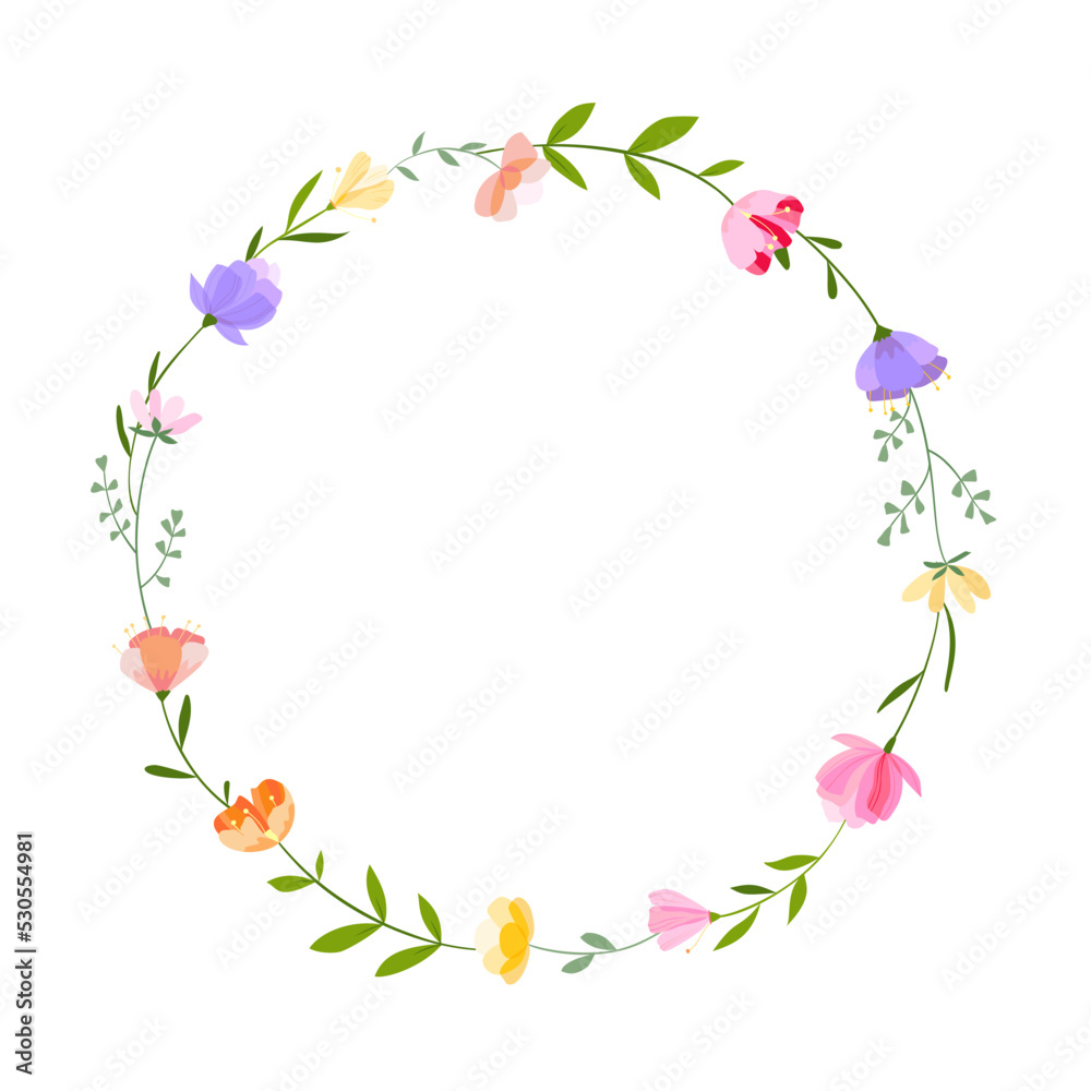 Vector floral wreath illustration. Set of leaves, wildflowers, twigs, floral arrangements. Beautiful compositions of field grass and bright spring flowers.