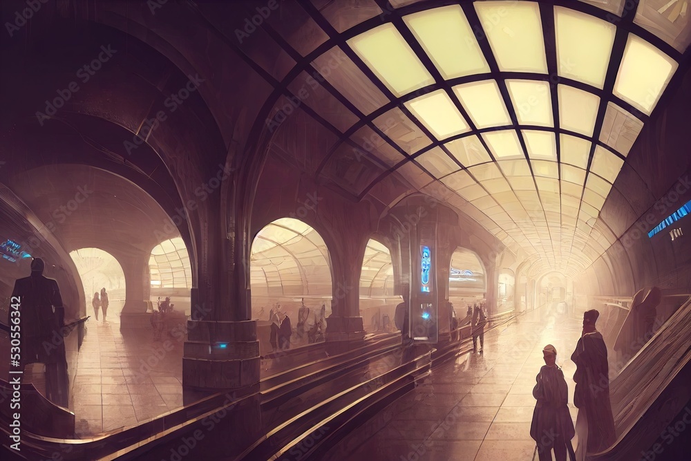 Light and clean futuristic subway station with glowing neon lights. City of a future. Huge brightly lit space. Beautiful futuristic concept. 3D illustration.