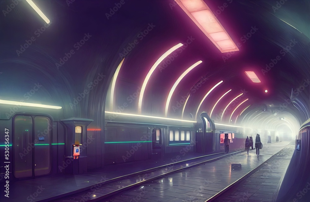 Light And Clean Futuristic Subway Station With Glowing Neon Lights