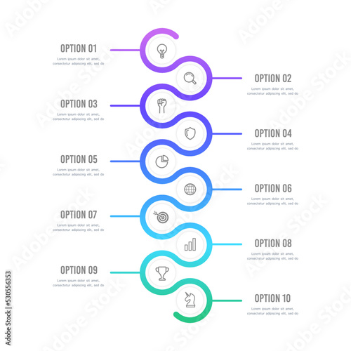 10 steps infographic circle curve flow vertical gradient