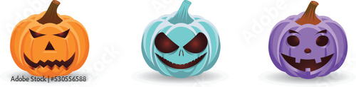 Happy Halloween pumpkins collection. Collection of orange, blue and purple pumpkins with a scary spooky Halloween smile. Vector illustration.
