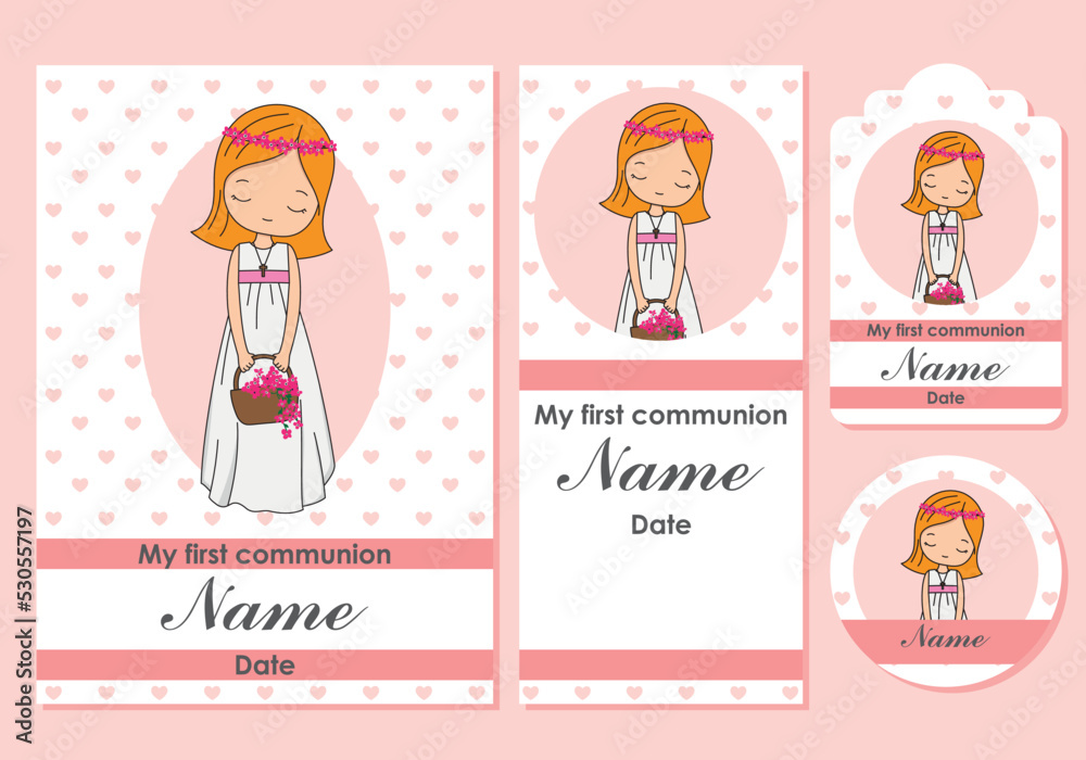 First communion card, bookmark, label and sticker set for girl	