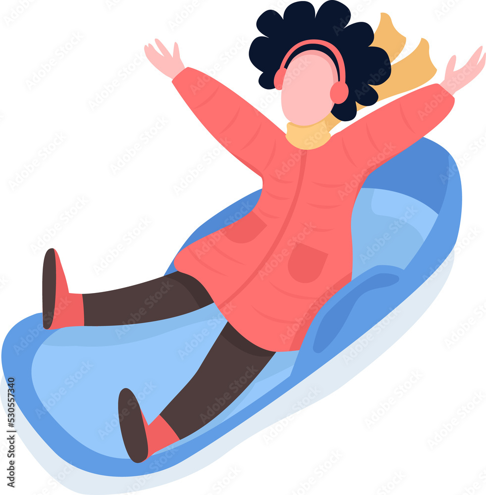 Girl having fun on sleigh semi flat color raster character. Sliding ...