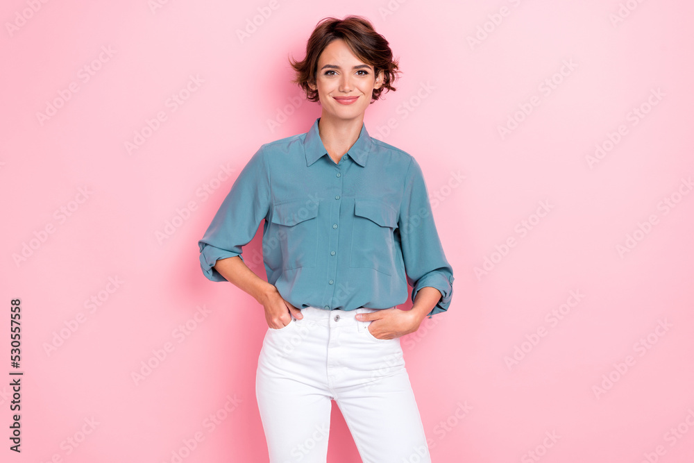 Portrait photo of young pretty adorable nice cute gorgeous woman hold hands pocket pants confident successful rich business owner isolated on pink color background Portrait photo of young pretty adorable nice cute gorgeous woman hold hands pocket pants confident successful rich business owner isolated on pink color background