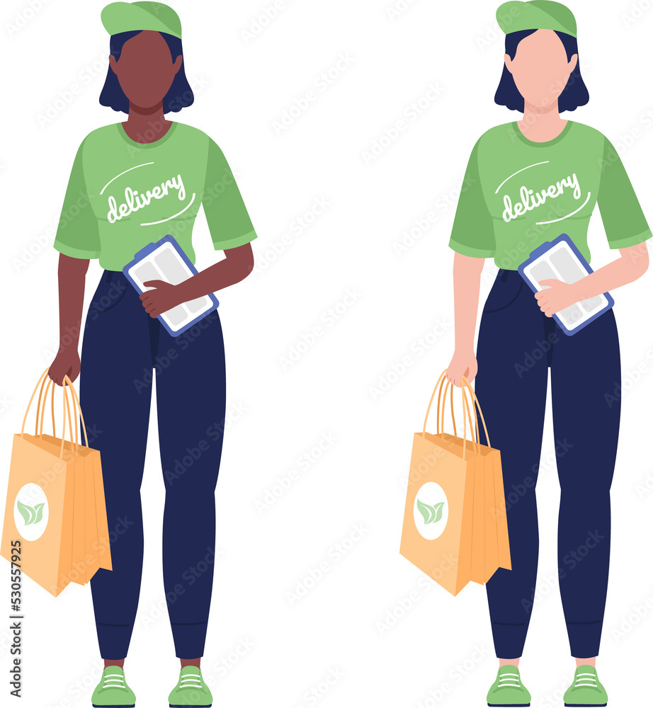 Delivery woman with eco package semi flat color raster character set. Posing figure. People on white. Service isolated modern cartoon style illustration for graphic design and animation bundle Delivery woman with eco package semi flat color raster character set. Posing figure. People on white. Service isolated modern cartoon style illustration for graphic design and animation bundle