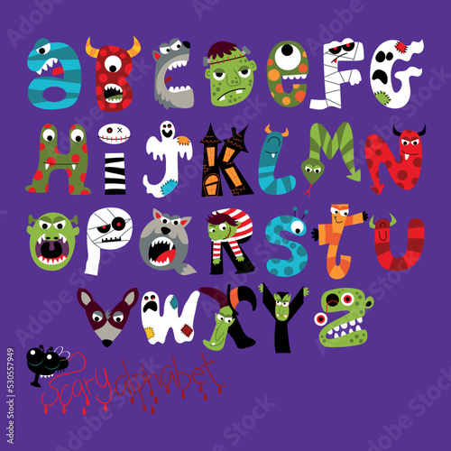 Scary alphabet, monster letters, Halloween illustration