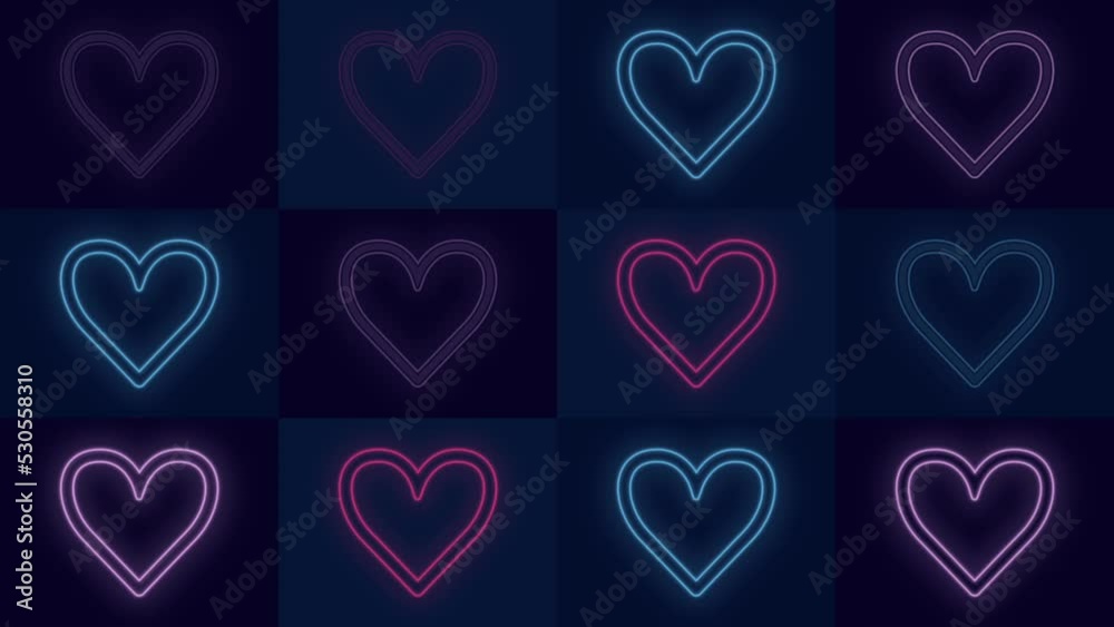 Colorful love hearts pattern with neon light, motion abstract disco, club and party style background Colorful love hearts pattern with neon light, motion abstract disco, club and party style background